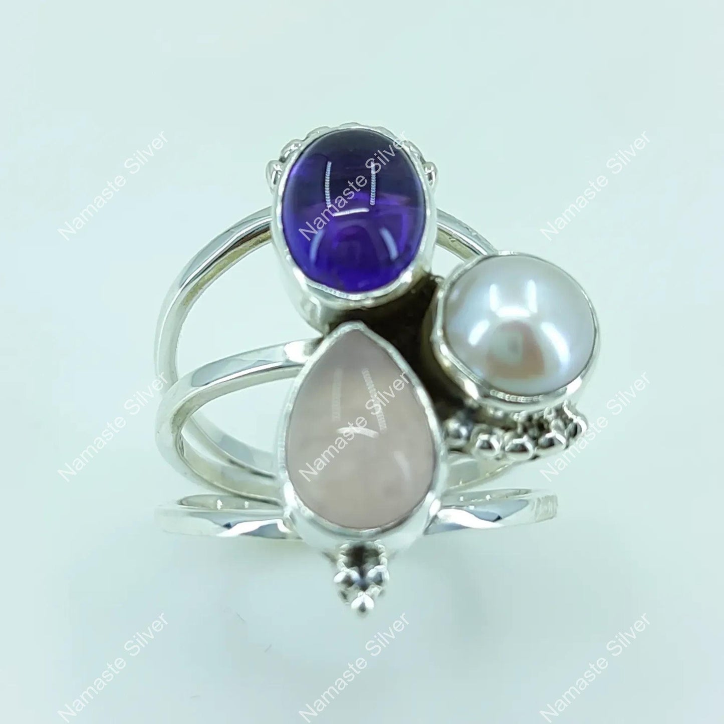 Triple Gemstone Ring, 925 Sterling Silver Promise Ring, Natural Amethyst, Rose Quartz, Pearl Handmade Boho Jewelry, Birthstone Gift For Her
