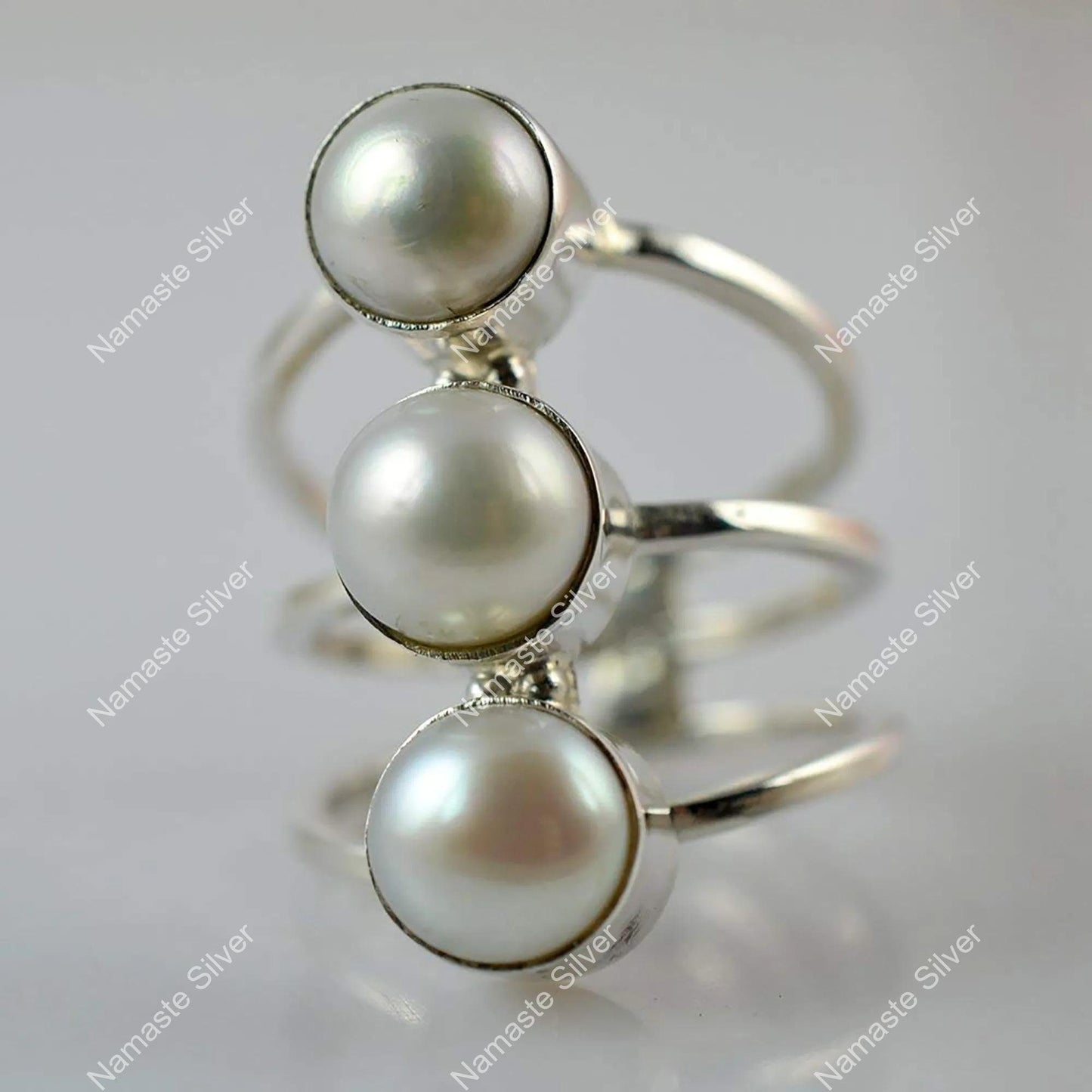 Freshwater Triple Pearl Ring, 925 Sterling Silver Statement Promise Ring, Pearl Handmade Boho Jewelry, June Birthstone, Unique Gift For Her