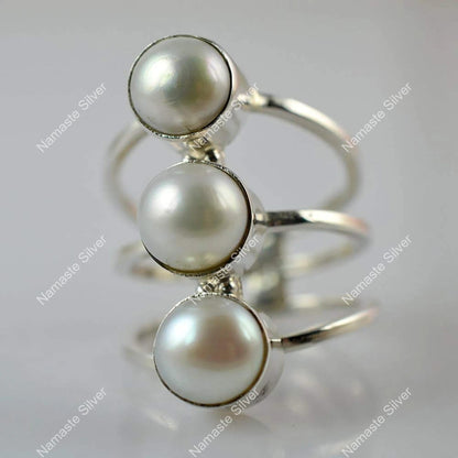 Freshwater Triple Pearl Ring, 925 Sterling Silver Statement Promise Ring, Pearl Handmade Boho Jewelry, June Birthstone, Unique Gift For Her