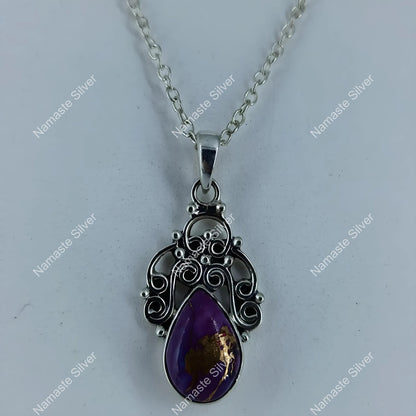 Turquoise Necklace, 925 Sterling Silver Handmade Pendant Chain, Purple Copper Turquoise Jewelry, Pear Shape Locket, Gift for Her Birthday