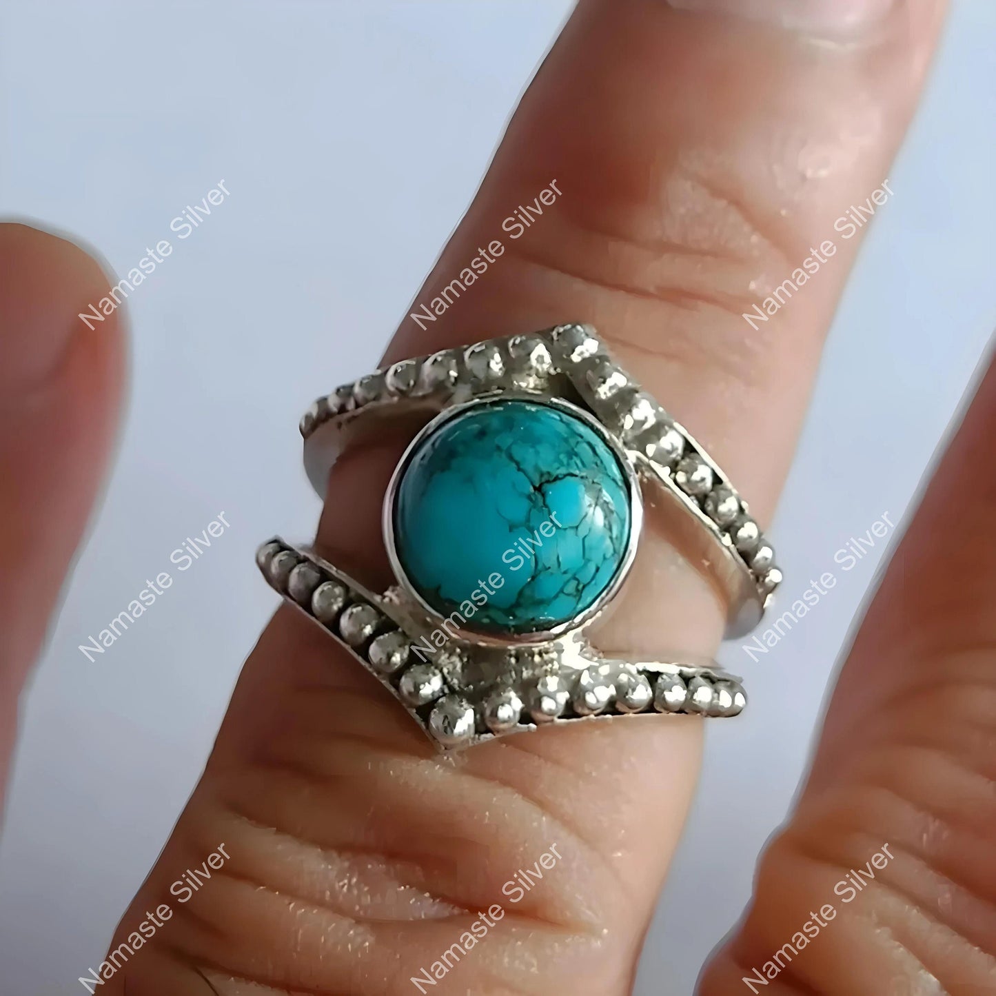 Turquoise Ring, 925 Sterling Silver Promise Ring, Natural Blue Turquoise Round Gemstone Handmade Jewelry, December Birthstone, Gift For Her