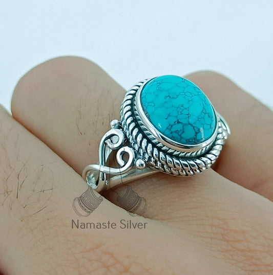 Turquoise Ring, 925 Sterling Silver Promise Ring, Natural Turquoise Oval Gemstone Handmade Boho Jewelry, December Birthstone, Gift for Her