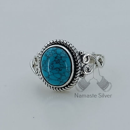 Turquoise Ring, 925 Sterling Silver Promise Ring, Natural Turquoise Oval Gemstone Handmade Boho Jewelry, December Birthstone, Gift for Her