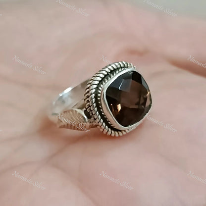 Smoky Quartz Ring, 925 Sterling Silver Statement Promise Ring, Natural Smoky Quartz Cushion Gemstone Handmade Boho Jewelry, Gift For Her/Him