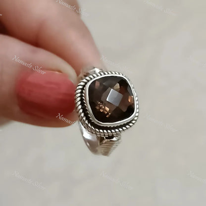 Smoky Quartz Ring, 925 Sterling Silver Statement Promise Ring, Natural Smoky Quartz Cushion Gemstone Handmade Boho Jewelry, Gift For Her/Him