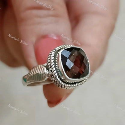 Smoky Quartz Ring, 925 Sterling Silver Statement Promise Ring, Natural Smoky Quartz Cushion Gemstone Handmade Boho Jewelry, Gift For Her/Him