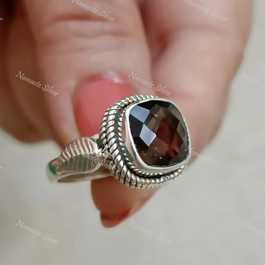 Smoky Quartz Ring, 925 Sterling Silver Statement Promise Ring, Natural Smoky Quartz Cushion Gemstone Handmade Boho Jewelry, Gift For Her/Him
