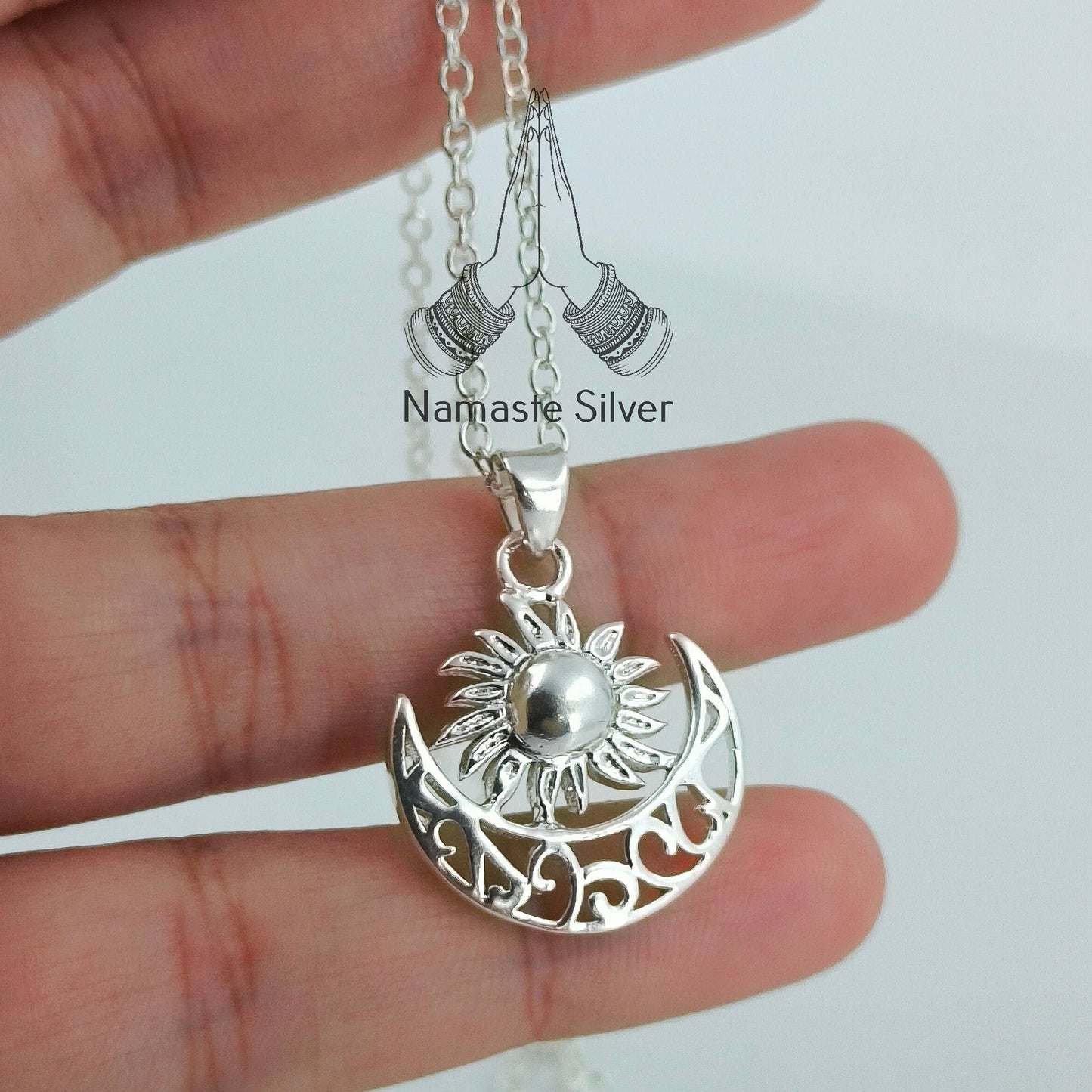 Sun Moon Necklace, 925 Sterling Silver Handmade Pendant Jewelry, Celestial Jewelry, Sun Moon Locket with Chain, Gift for her Birthday