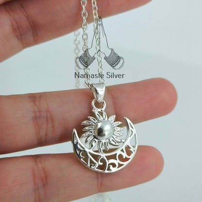 Sun Moon Necklace, 925 Sterling Silver Handmade Pendant Jewelry, Celestial Jewelry, Sun Moon Locket with Chain, Gift for her Birthday