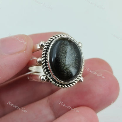 Gold Sheen Obsidian Ring, 925 Sterling Silver Statement Promise Ring, Natural Black Gold Sheen Obsidian Oval Gemstone Handmade Jewelry Gift