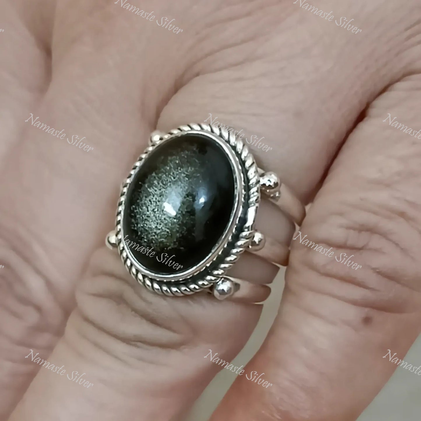 Gold Sheen Obsidian Ring, 925 Sterling Silver Statement Promise Ring, Natural Black Gold Sheen Obsidian Oval Gemstone Handmade Jewelry Gift