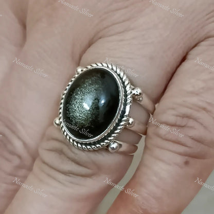 Gold Sheen Obsidian Ring, 925 Sterling Silver Statement Promise Ring, Natural Black Gold Sheen Obsidian Oval Gemstone Handmade Jewelry Gift