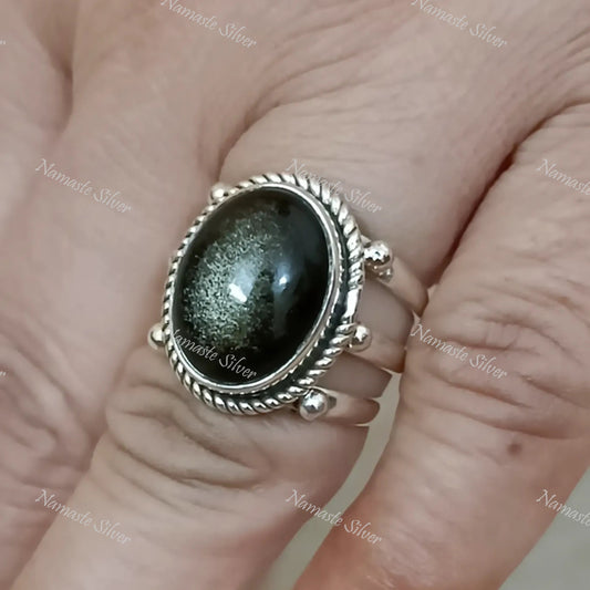 Gold Sheen Obsidian Ring, 925 Sterling Silver Statement Promise Ring, Natural Black Gold Sheen Obsidian Oval Gemstone Handmade Jewelry Gift