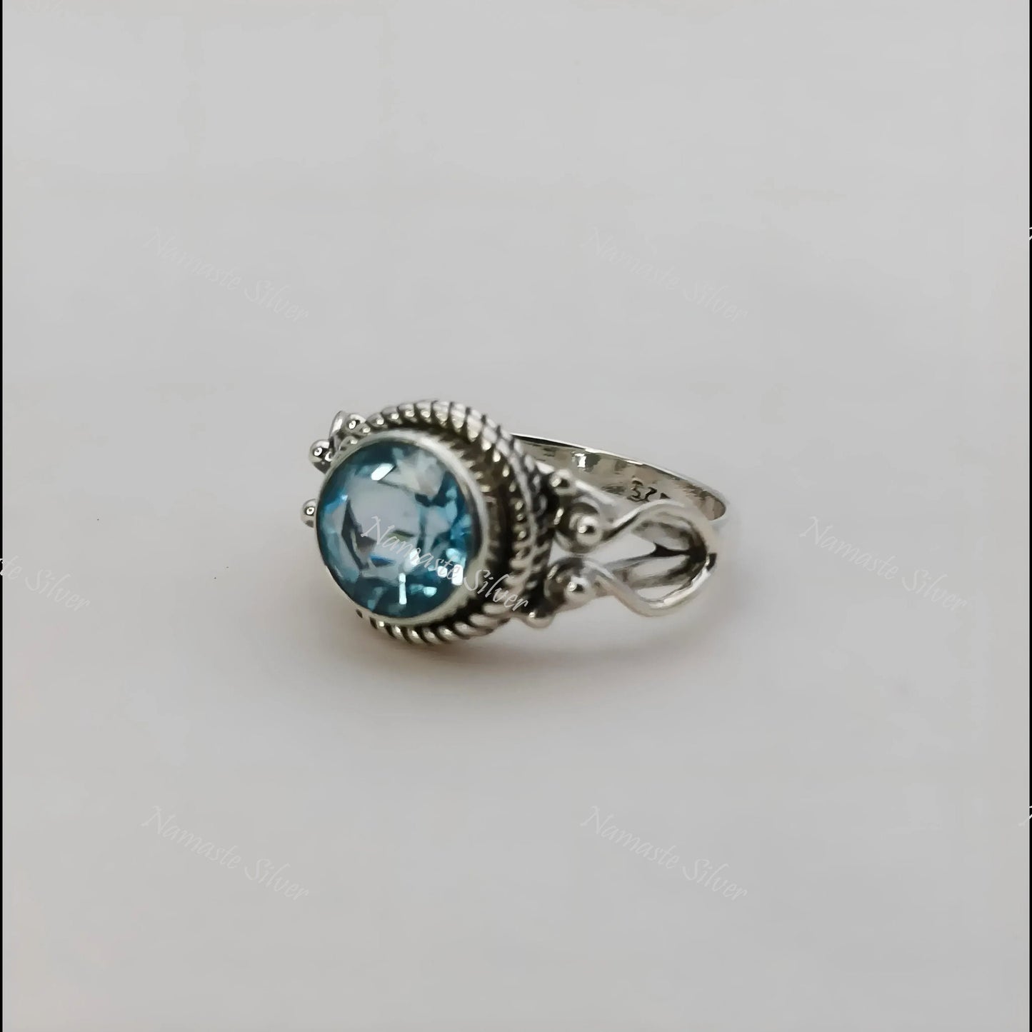Blue Topaz Ring, 925 Sterling Silver Statement Promise Ring, Natural Topaz Round Gemstone Handmade Boho Jewelry, December Birthstone Gift
