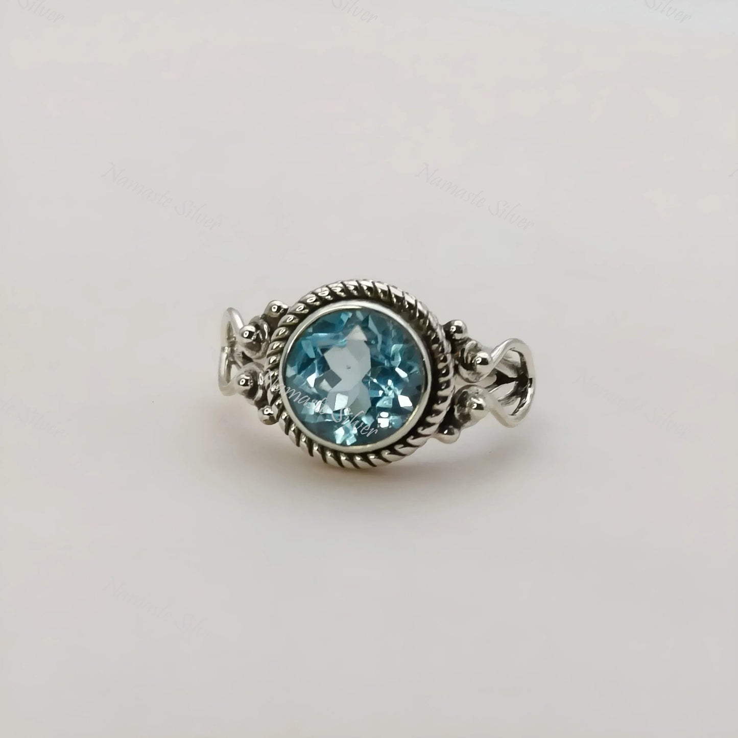 Blue Topaz Ring, 925 Sterling Silver Statement Promise Ring, Natural Topaz Round Gemstone Handmade Boho Jewelry, December Birthstone Gift
