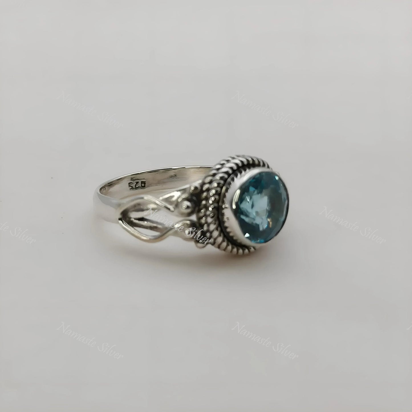 Blue Topaz Ring, 925 Sterling Silver Statement Promise Ring, Natural Topaz Round Gemstone Handmade Boho Jewelry, December Birthstone Gift
