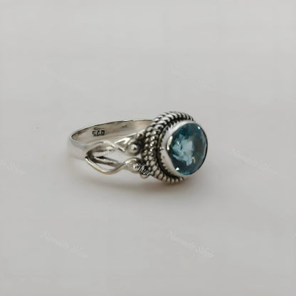 Blue Topaz Ring, 925 Sterling Silver Statement Promise Ring, Natural Topaz Round Gemstone Handmade Boho Jewelry, December Birthstone Gift