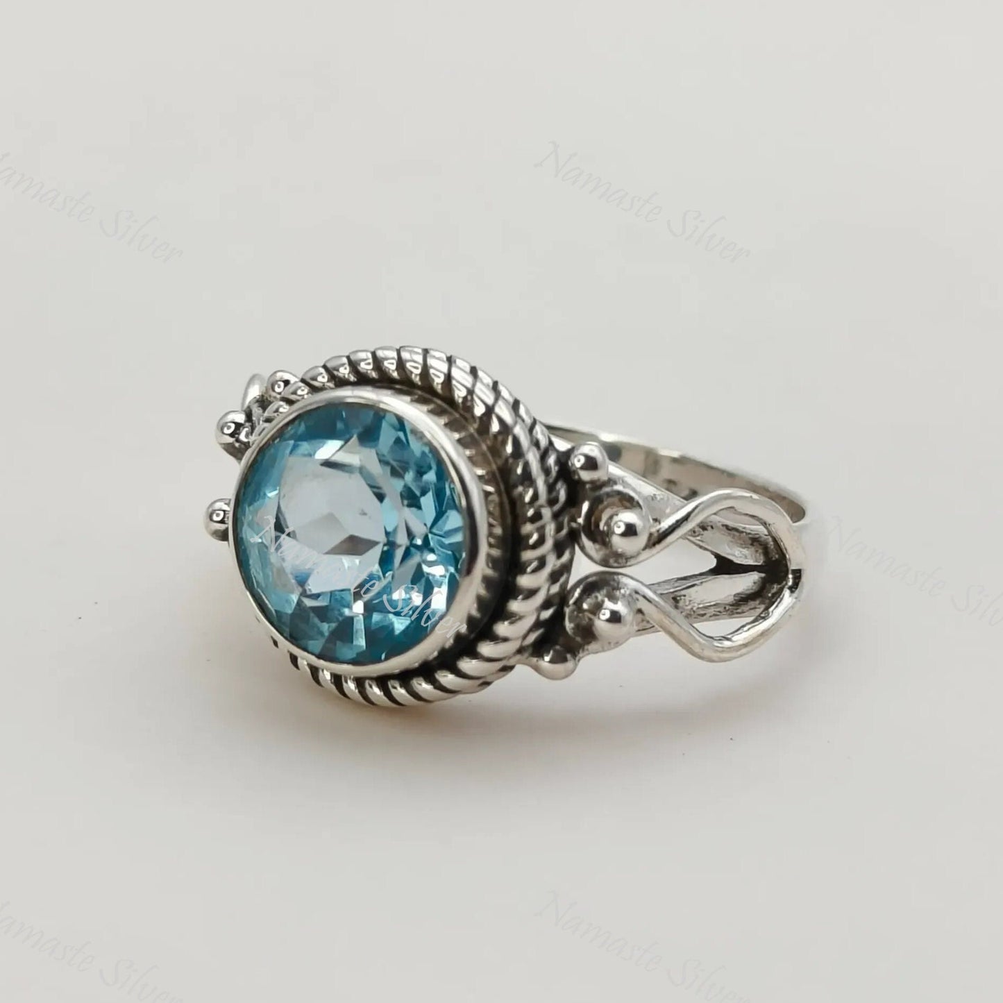 Blue Topaz Ring, 925 Sterling Silver Statement Promise Ring, Natural Topaz Round Gemstone Handmade Boho Jewelry, December Birthstone Gift