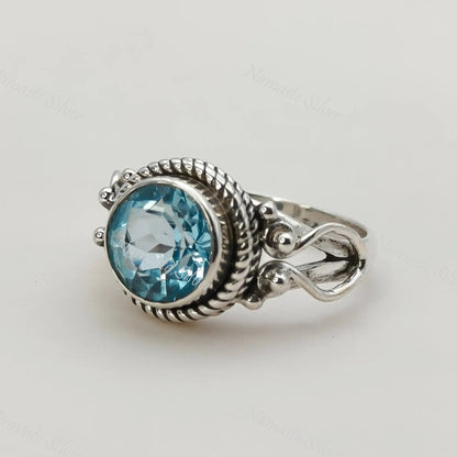 Blue Topaz Ring, 925 Sterling Silver Statement Promise Ring, Natural Topaz Round Gemstone Handmade Boho Jewelry, December Birthstone Gift