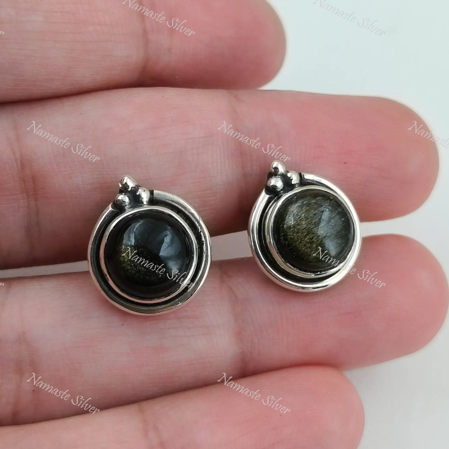 Gold Sheen Obsidian Stud Earrings, 925 Sterling Silver Stud Posts, Natural Obsidian Round Gemstone Handmade Jewelry, Birthstone Gift for Her