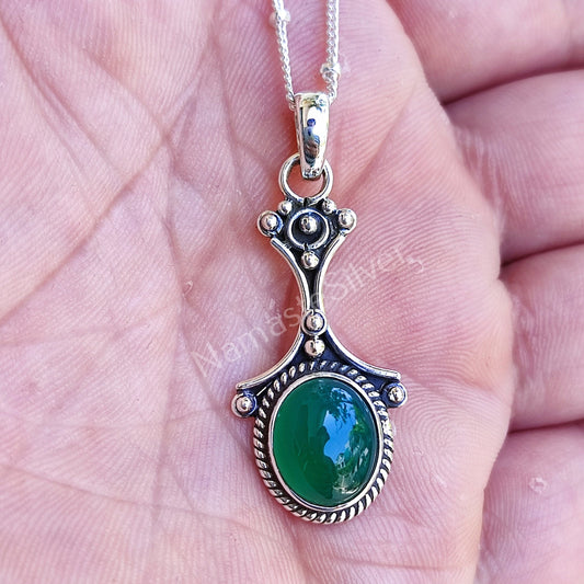 Green Onyx Necklace, 925 Sterling Silver Pendant Locket Chain, Natural Green Onyx Oval Gemstone Handmade Boho Jewelry, Elegant Gift for her