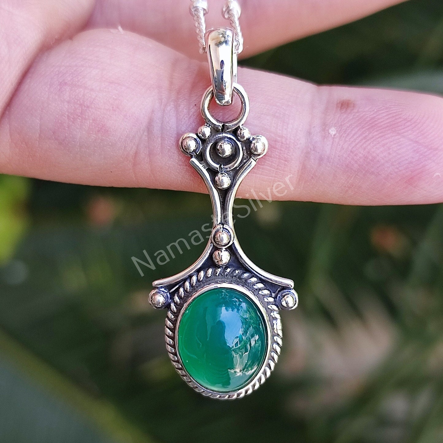 Green Onyx Necklace, 925 Sterling Silver Pendant Locket Chain, Natural Green Onyx Oval Gemstone Handmade Boho Jewelry, Elegant Gift for her