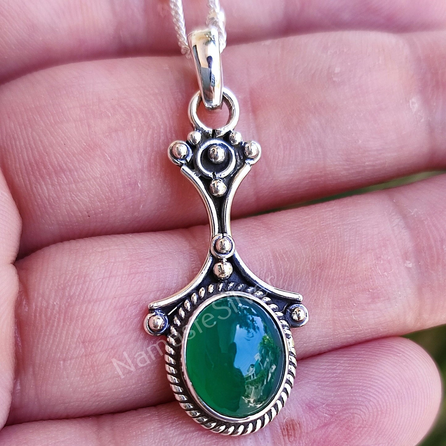Green Onyx Necklace, 925 Sterling Silver Pendant Locket Chain, Natural Green Onyx Oval Gemstone Handmade Boho Jewelry, Elegant Gift for her
