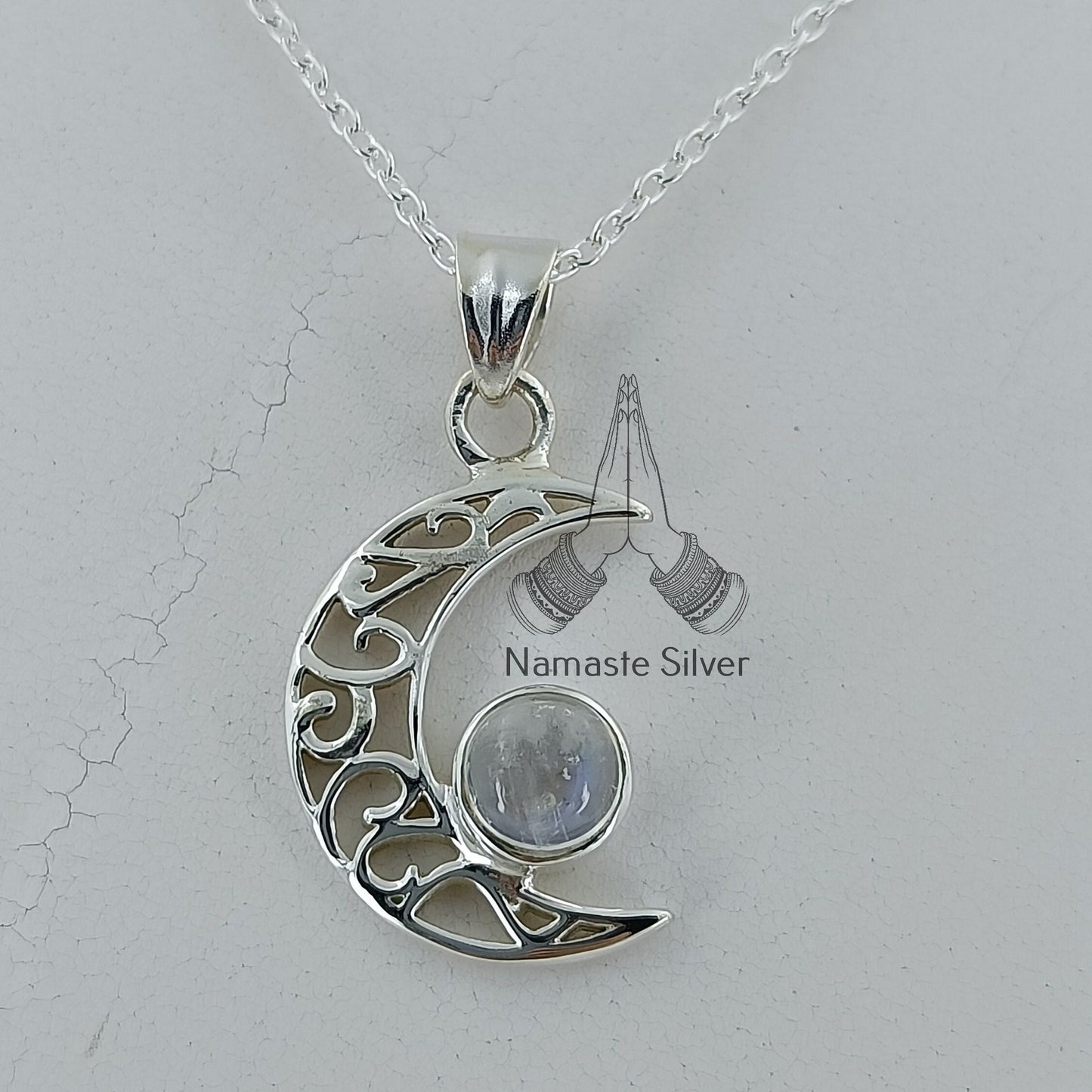 Moonstone Necklace, 925 Sterling Silver Crescent Moon Pendant, Natural Rainbow Moonstone Round Gemstone Handmade Boho Jewelry, Gift for Her