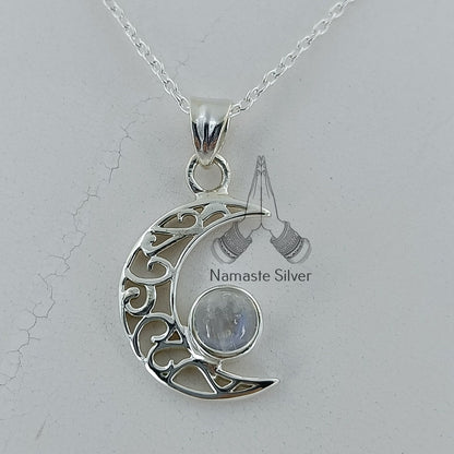 Moonstone Necklace, 925 Sterling Silver Crescent Moon Pendant, Natural Rainbow Moonstone Round Gemstone Handmade Boho Jewelry, Gift for Her