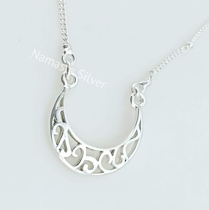 Crescent Moon Necklace, 925 Sterling Silver Pendant Chain Locket, Handmade Moon Dainty Minimalist Celestial Spiritual Jewelry, Gift for Her