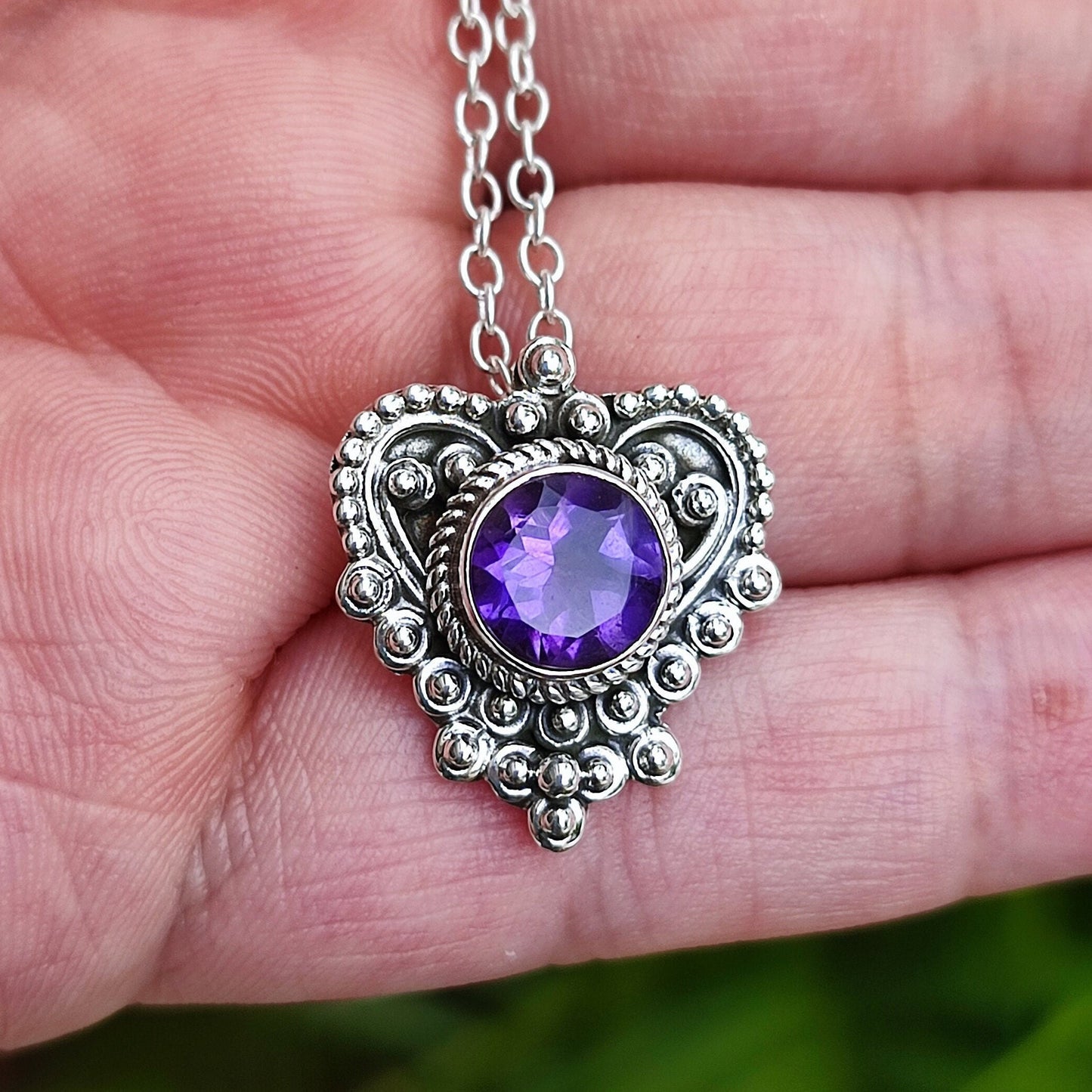 Amethyst Necklace, 925 Sterling Silver Pendant Locket, Natural Purple Gemstone Round Handmade Jewelry, February birthstone, Gift for her