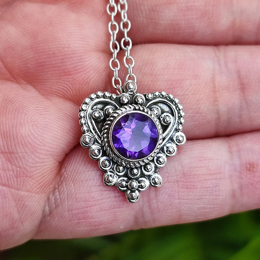 Amethyst Necklace, 925 Sterling Silver Pendant Locket, Natural Purple Gemstone Round Handmade Jewelry, February birthstone, Gift for her