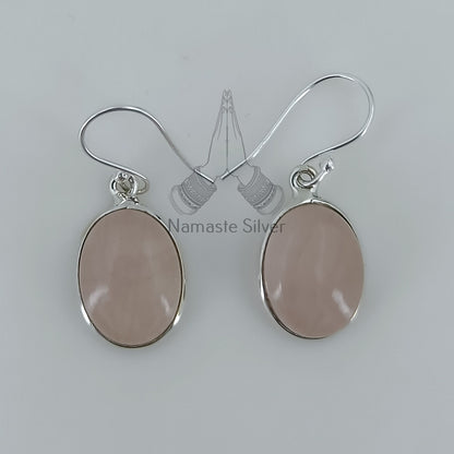 Rose Quartz  Earrings, 925 Sterling Silver Dangle Earrings,  Natural Pink Gemstone Oval Handmade Jewelry, January Birthstone, Gift for her