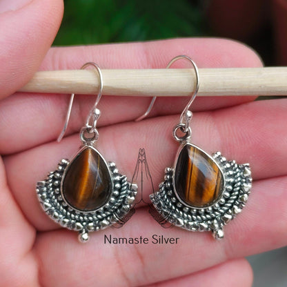 Tigers Eye Earrings, 925 Sterling Silver Dangle Earrings, Natural Tiger's Eye Pear Shape Handmade Jewelry, June Birthstone, Gift for Her