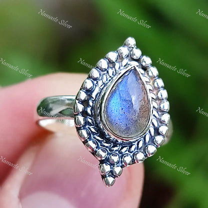Labradorite Ring, 925 Sterling Silver Statement Promise Ring, Natural Labradorite Pear Shape Gemstone Handmade Boho Jewelry, Gift for Her