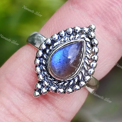 Labradorite Ring, 925 Sterling Silver Statement Promise Ring, Natural Labradorite Pear Shape Gemstone Handmade Boho Jewelry, Gift for Her