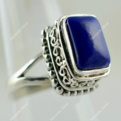 Lapis Lazuli Ring, 925 Sterling Silver Handmade Promise Ring, Natural Blue Gemstone Cushion Jewelry, September Birthstone, Boho Gift For Her