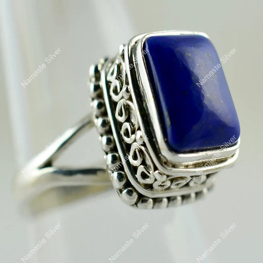 Lapis Lazuli Ring, 925 Sterling Silver Handmade Promise Ring, Natural Blue Gemstone Cushion Jewelry, September Birthstone, Boho Gift For Her