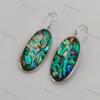 Abalone Shell Earrings, 925 Sterling Silver Dangle Drop Earrings, Natural Abalone Oval Doublet Handmade Jewelry, Blue Paua Shell Earrings