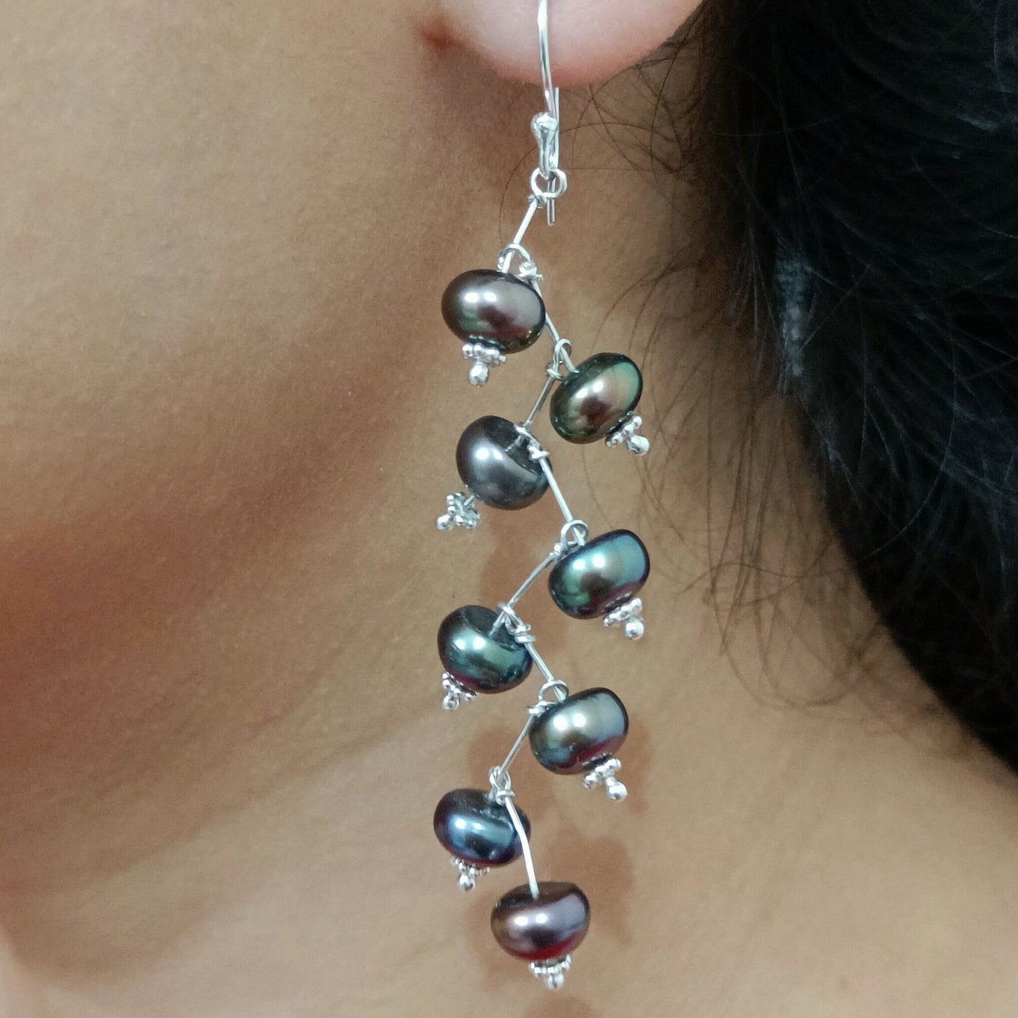 Pearl Earrings, 925 Sterling Silver Dangle Earrings, Freshwater Peacock Black Pearl Handmade Boho Jewelry, June Birthstone Gift for Her