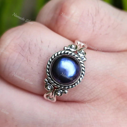Black Pearl Ring, 925 Sterling Silver Ring Statement Promise Ring, Freshwater Peacock Black Pearl Round Handmade Boho Jewelry, Gift for Her