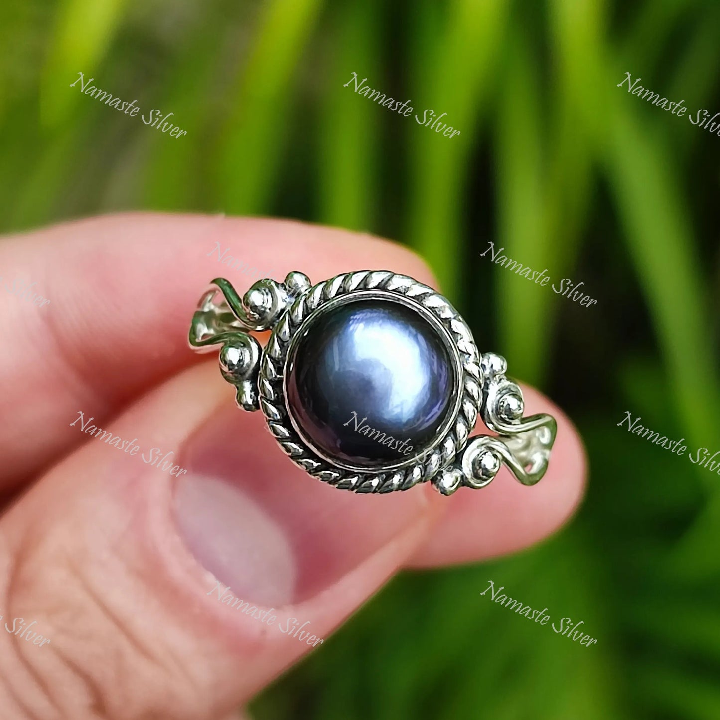 Black Pearl Ring, 925 Sterling Silver Ring Statement Promise Ring, Freshwater Peacock Black Pearl Round Handmade Boho Jewelry, Gift for Her
