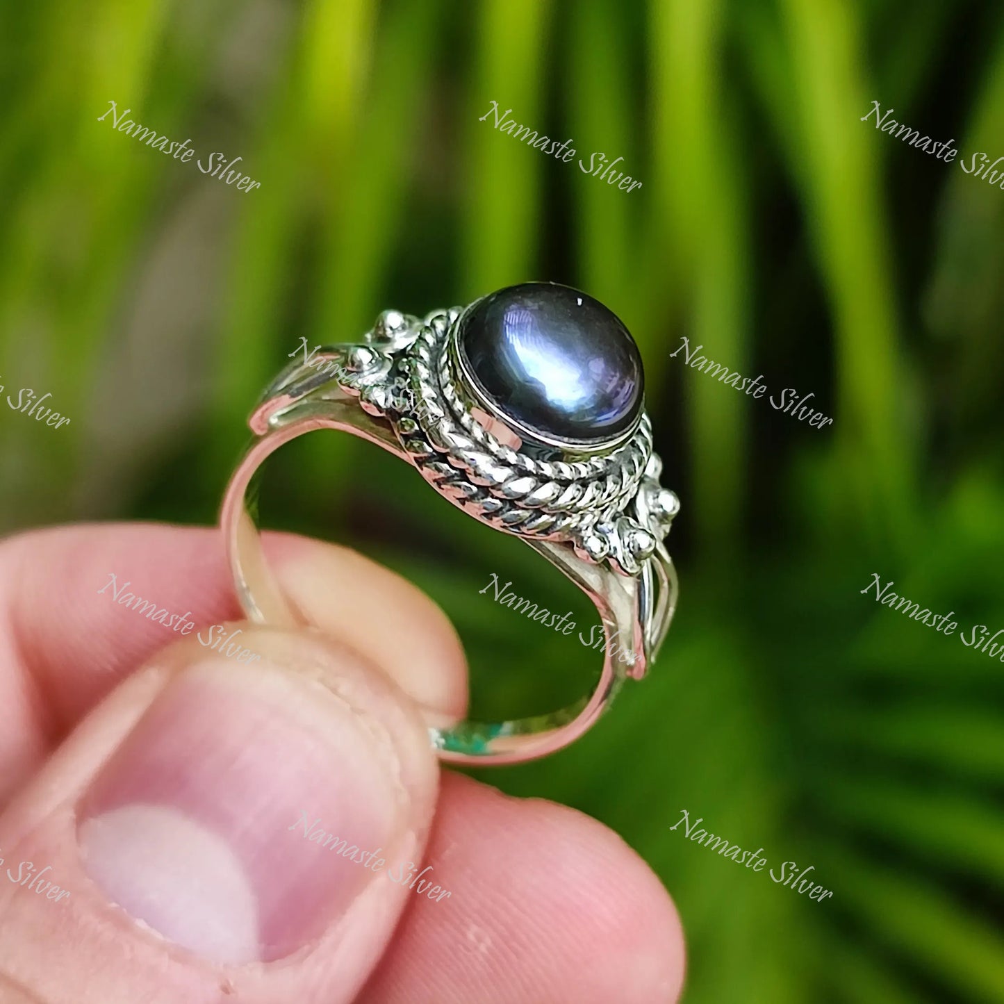 Black Pearl Ring, 925 Sterling Silver Ring Statement Promise Ring, Freshwater Peacock Black Pearl Round Handmade Boho Jewelry, Gift for Her