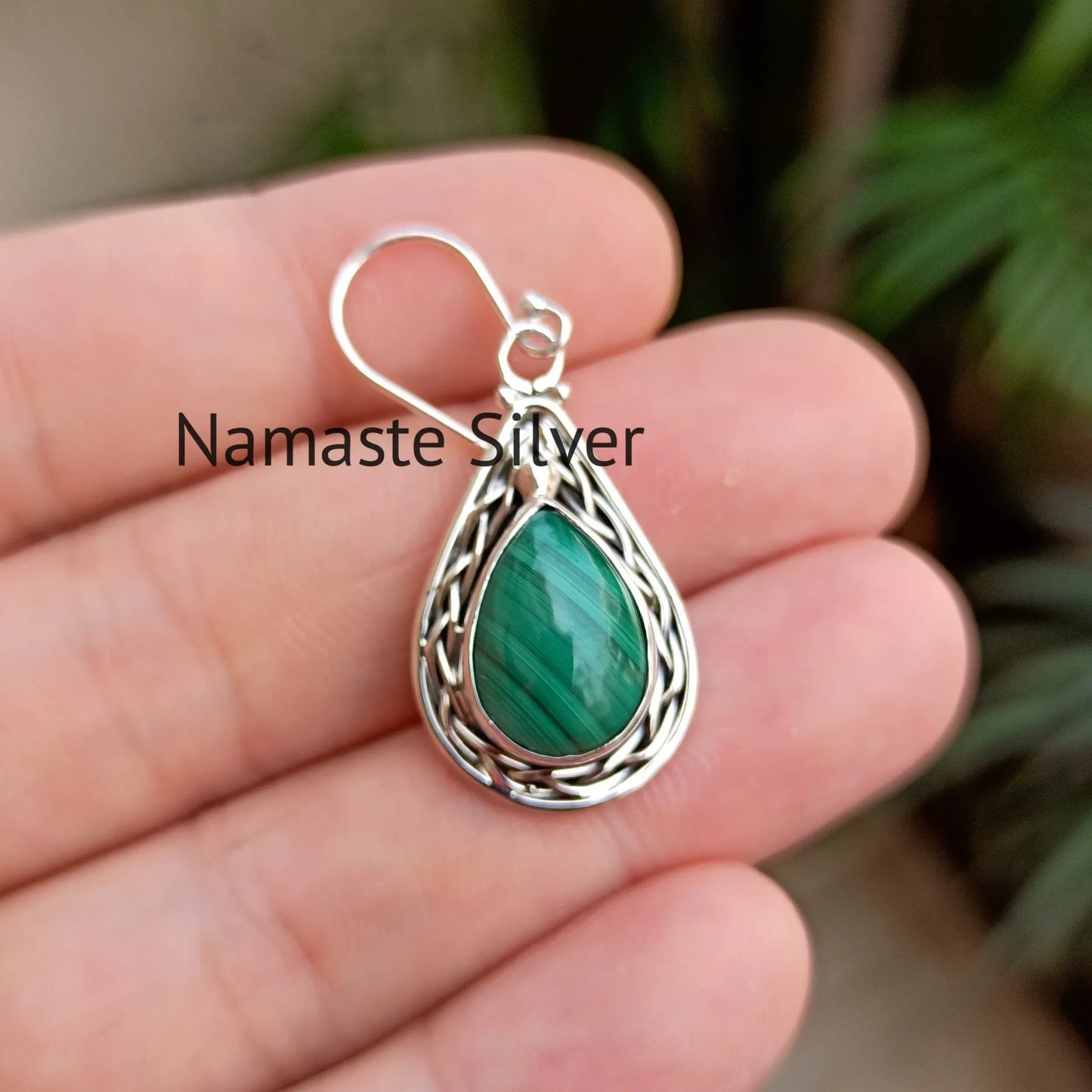 Malachite Earrings, 925 Sterling Silver Dangle Earrings, Gift for Her, Natural Malachite Pear Shape Gemstone Boho Jewelry, April Birthstone