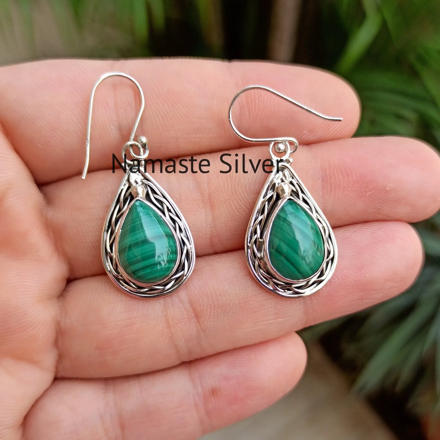 Malachite Earrings, 925 Sterling Silver Dangle Earrings, Gift for Her, Natural Malachite Pear Shape Gemstone Boho Jewelry, April Birthstone