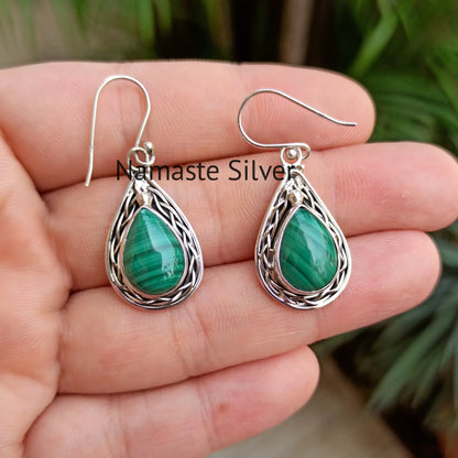 Malachite Earrings, 925 Sterling Silver Dangle Earrings, Gift for Her, Natural Malachite Pear Shape Gemstone Boho Jewelry, April Birthstone