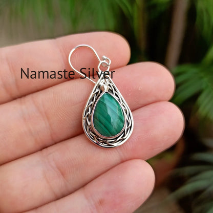 Malachite Earrings, 925 Sterling Silver Dangle Earrings, Gift for Her, Natural Malachite Pear Shape Gemstone Boho Jewelry, April Birthstone