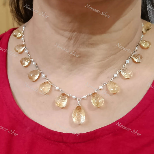 Citrine and Pearl Necklace, 925 Sterling Silver Choker Necklace, Natural Yellow Gemstone Teardrop Carvings and Pearl Beads Handmade Jewelry