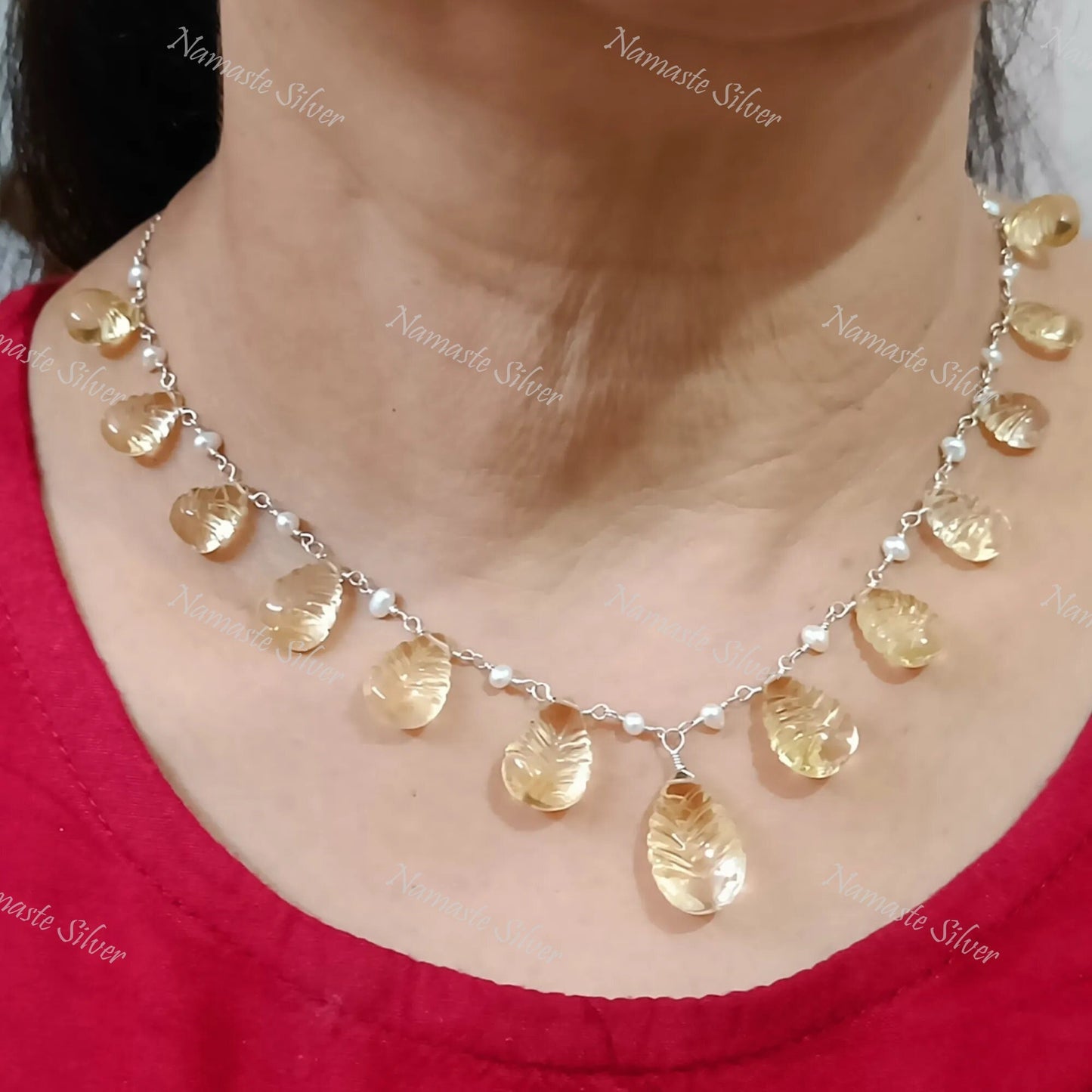 Citrine and Pearl Necklace, 925 Sterling Silver Choker Necklace, Natural Yellow Gemstone Teardrop Carvings and Pearl Beads Handmade Jewelry