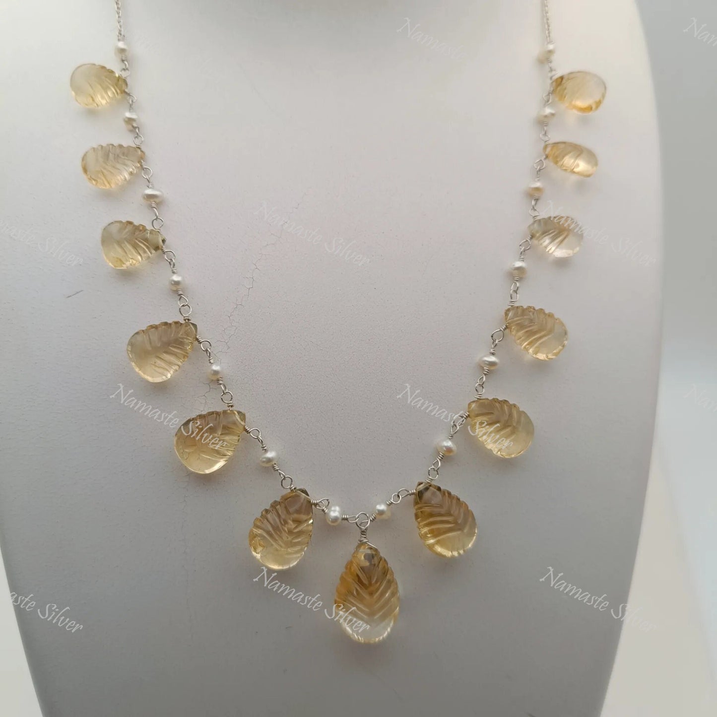 Citrine and Pearl Necklace, 925 Sterling Silver Choker Necklace, Natural Yellow Gemstone Teardrop Carvings and Pearl Beads Handmade Jewelry